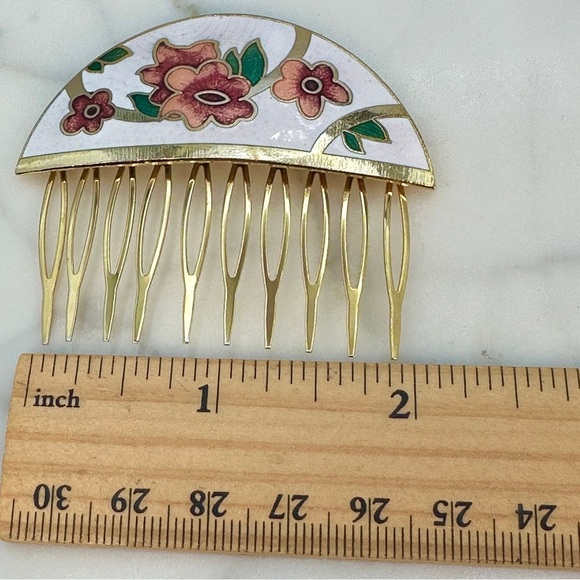 Vintage Cloisonné Decorative Hair Comb White Enamel Floral Design Gold Tone 70s - Picture 7 of 8